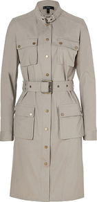 Sage Cotton Tadcaster Dress - style: shirt; fit: tailored/fitted; pattern: plain; hip detail: front pockets at hip; bust detail: pocket detail at bust; waist detail: belted waist/tie at waist/drawstring; predominant colour: stone; occasions: casual; length: on the knee; neckline: collarstand; fibres: cotton - stretch; sleeve length: long sleeve; sleeve style: standard; pattern type: fabric; texture group: other - light to midweight