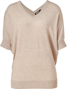 Almond Heather V Neck Dolman Sleeve Knit Top - neckline: v-neck; sleeve style: dolman/batwing; pattern: plain; length: below the bottom; back detail: low cut/open back; predominant colour: stone; occasions: casual, work; style: top; fibres: nylon - mix; fit: loose; sleeve length: half sleeve; texture group: knits/crochet; pattern type: knitted - fine stitch