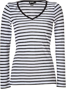 White/Black Striped V Neck T Shirt - neckline: v-neck; pattern: horizontal stripes; style: t-shirt; predominant colour: ivory; occasions: casual; length: standard; fibres: cotton - 100%; fit: body skimming; sleeve length: long sleeve; sleeve style: standard; pattern type: fabric; pattern size: standard; texture group: jersey - stretchy/drapey
