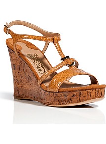 Cognac Python Savita Wedges - predominant colour: tan; occasions: casual, evening, holiday; material: leather; heel height: high; ankle detail: ankle strap; heel: wedge; toe: open toe/peeptoe; style: strappy; finish: plain; pattern: animal print