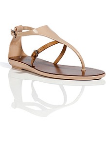 Nude/Beige Pvc/Leather Thong Sandals - secondary colour: tan; predominant colour: stone; occasions: casual, holiday; material: leather; heel height: mid; ankle detail: ankle strap; heel: wedge; toe: toe thongs; style: flip flops / toe post; finish: patent; pattern: plain