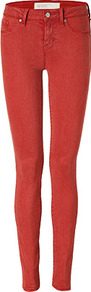 Antique Red Skinny Jeans - style: skinny leg; length: standard; pattern: plain; pocket detail: traditional 5 pocket; waist: mid/regular rise; predominant colour: true red; occasions: casual, evening, holiday; fibres: viscose/rayon - stretch; texture group: denim; pattern type: fabric