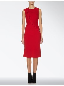 Crepe Stretch And Georgette Ida Dress - style: shift; length: below the knee; pattern: plain; sleeve style: sleeveless; waist detail: fitted waist; predominant colour: true red; occasions: evening, occasion; fit: body skimming; fibres: polyester/polyamide - 100%; neckline: crew; sleeve length: sleeveless; texture group: crepes; trends: sculptural frills; bust detail: tiers/frills/bulky drapes/pleats; pattern type: fabric