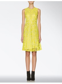 Doll Lace Dress - sleeve style: sleeveless; waist detail: fitted waist; predominant colour: yellow; occasions: evening, occasion; length: on the knee; fit: fitted at waist & bust; style: fit & flare; fibres: cotton - mix; neckline: crew; hip detail: structured pleats at hip; sleeve length: sleeveless; texture group: lace; trends: fluorescent; pattern type: fabric; pattern size: standard; pattern: patterned/print; embellishment: lace