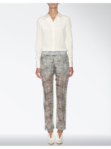 Lace Print Mara Trouser - style: tracksuit pants; waist detail: elasticated waist, narrow waistband; waist: mid/regular rise; predominant colour: mid grey; occasions: casual, evening, work, occasion; length: ankle length; fibres: polyester/polyamide - 100%; hip detail: fitted at hip (bottoms); texture group: sheer fabrics/chiffon/organza etc.; trends: statement prints; fit: straight leg; pattern type: fabric; pattern size: standard; pattern: patterned/print