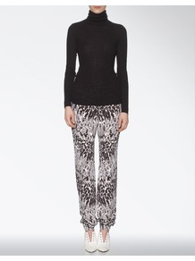 Silk Knitted Leopard Mara Trouser - length: standard; style: tracksuit pants; waist detail: elasticated waist, fitted waist; pocket detail: pockets at the sides; waist: mid/regular rise; predominant colour: charcoal; occasions: casual, evening; fibres: silk - 100%; hip detail: front pleats at hip level; texture group: crepes; trends: statement prints; fit: baggy; pattern type: fabric; pattern size: small & busy; pattern: animal print, patterned/print