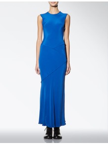 Silk Maite Dress - pattern: plain; sleeve style: sleeveless; style: maxi dress; length: ankle length; waist detail: fitted waist; hip detail: fitted at hip, structured pleats at hip; predominant colour: royal blue; occasions: casual, evening, occasion, holiday; fit: body skimming; fibres: silk - 100%; neckline: crew; sleeve length: sleeveless; texture group: crepes; pattern type: fabric