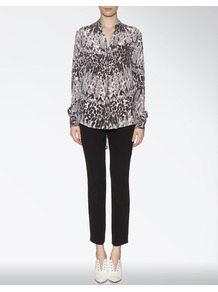 Silk Knitted Leopard Garcon Blouse - neckline: shirt collar/peter pan/zip with opening; style: blouse; predominant colour: mid grey; secondary colour: black; occasions: casual, evening, work; length: standard; fibres: silk - 100%; fit: loose; back detail: longer hem at back than at front; sleeve length: long sleeve; sleeve style: standard; texture group: silky - light; pattern type: fabric; pattern size: small & busy; pattern: animal print