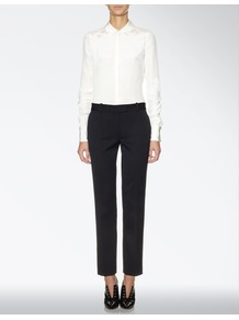 Romantic Frill Bill Trouser - pattern: plain; waist detail: belted waist/tie at waist/drawstring; waist: mid/regular rise; predominant colour: black; occasions: evening, work; length: ankle length; fibres: wool - stretch; hip detail: added detail/embellishment at hip; fit: straight leg; pattern type: fabric; texture group: woven light midweight; style: standard