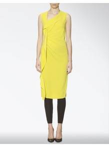 Crepe Stretch Anya Dress - style: shift; length: below the knee; fit: tailored/fitted; pattern: plain; sleeve style: sleeveless; neckline: asymmetric; waist detail: twist front waist detail/nipped in at waist on one side/soft pleats/draping/ruching/gathering waist detail; predominant colour: lime; occasions: evening, occasion; sleeve length: sleeveless; texture group: crepes; pattern type: fabric; fibres: viscose/rayon - mix