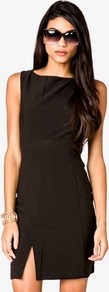 Sleeveless Shift Dress - style: shift; length: mid thigh; neckline: slash/boat neckline; fit: tailored/fitted; pattern: plain; sleeve style: sleeveless; waist detail: fitted waist; hip detail: fitted at hip, slits at hip; predominant colour: black; occasions: casual, evening, occasion; fibres: polyester/polyamide - mix; sleeve length: sleeveless; pattern type: fabric; texture group: jersey - stretchy/drapey