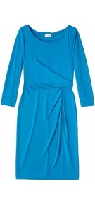 Gather Waist Jersey Dress - style: shift; fit: tailored/fitted; pattern: plain; waist detail: fitted waist, twist front waist detail/nipped in at waist on one side/soft pleats/draping/ruching/gathering waist detail; predominant colour: pale blue; occasions: casual, work; length: just above the knee; fibres: polyester/polyamide - mix; neckline: crew; sleeve length: 3/4 length; sleeve style: standard; texture group: jersey - clingy; pattern type: fabric