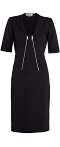 Apuania Jersey Dress - style: shift; neckline: v-neck; pattern: plain; waist detail: fitted waist; bust detail: buttons at bust (in middle at breastbone)/zip detail at bust; predominant colour: black; occasions: evening, work; length: on the knee; fit: body skimming; fibres: viscose/rayon - stretch; shoulder detail: discreet epaulette; sleeve length: half sleeve; sleeve style: standard; pattern type: fabric; texture group: jersey - stretchy/drapey