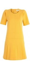 Jersey Dress With Pleated Skirt - style: shift; length: mini; pattern: plain; waist detail: drop waist; predominant colour: yellow; occasions: casual, evening; fit: soft a-line; fibres: cotton - mix; neckline: crew; hip detail: structured pleats at hip; sleeve length: short sleeve; sleeve style: standard; texture group: crepes; trends: glamorous day shifts; pattern type: fabric