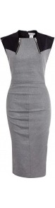 Cambra Fitted Dress - style: shift; fit: tailored/fitted; sleeve style: sleeveless; bust detail: added detail/embellishment at bust; predominant colour: mid grey; secondary colour: black; occasions: casual, evening, work, occasion; length: just above the knee; fibres: linen - mix; neckline: crew; sleeve length: sleeveless; texture group: linen; trends: glamorous day shifts; pattern type: fabric; pattern size: standard; pattern: colourblock
