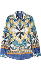 Tile Print Silk Chiffon Blouse Philosophy Di Alberta Ferr - neckline: shirt collar/peter pan/zip with opening; length: below the bottom; style: shirt; occasions: casual, evening, holiday; fibres: silk - 100%; fit: body skimming; predominant colour: multicoloured; sleeve length: long sleeve; sleeve style: standard; texture group: silky - light; pattern type: fabric; pattern size: big & busy; pattern: patterned/print