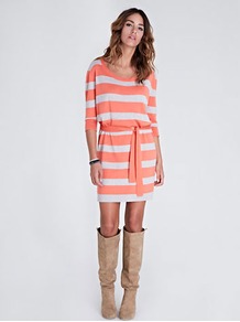 Monica Stripe Dress - style: jumper dress; pattern: horizontal stripes, striped; waist detail: belted waist/tie at waist/drawstring; predominant colour: coral; occasions: casual; length: just above the knee; fit: body skimming; neckline: scoop; fibres: wool - mix; sleeve length: 3/4 length; sleeve style: standard; texture group: knits/crochet; trends: striking stripes; pattern type: knitted - other; pattern size: standard