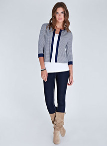 Drew Stripe Jacket - pattern: horizontal stripes, striped; collar: round collar/collarless; style: boxy; predominant colour: navy; occasions: casual, evening, work, holiday; length: standard; fit: straight cut (boxy); fibres: polyester/polyamide - stretch; bust detail: contrast pattern/fabric/detail at bust; sleeve length: 3/4 length; sleeve style: standard; texture group: knits/crochet; collar break: high; pattern type: fabric; pattern size: small & busy