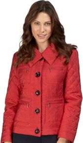 Scarlet Diamond Quilted Jacket - pattern: plain; length: standard; bust detail: added detail/embellishment at bust; style: quilted; hip detail: front pockets at hip, fitted at hip; predominant colour: true red; occasions: casual, work; fit: tailored/fitted; fibres: polyester/polyamide - mix; collar: shirt collar/peter pan/zip with opening; waist detail: fitted waist; sleeve length: long sleeve; sleeve style: standard; texture group: technical outdoor fabrics; collar break: high; pattern type: fabric; pattern size: small & light