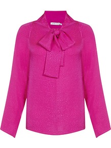 Snake Print Silk Shirt - pattern: plain; neckline: pussy bow; style: blouse; predominant colour: hot pink; occasions: casual, work; length: standard; fibres: silk - 100%; fit: body skimming; sleeve length: long sleeve; sleeve style: standard; texture group: silky - light; pattern type: fabric