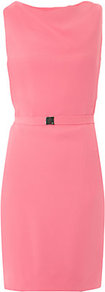 Bebe Dress - style: shift; length: mid thigh; neckline: slash/boat neckline; fit: tailored/fitted; pattern: plain; sleeve style: sleeveless; waist detail: belted waist/tie at waist/drawstring; predominant colour: pink; occasions: evening, occasion; fibres: polyester/polyamide - mix; sleeve length: sleeveless; texture group: crepes; pattern type: fabric