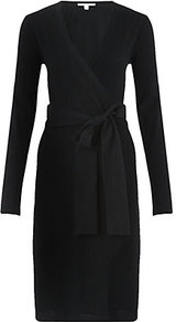 Linda Wrap Dress - style: faux wrap/wrap; neckline: low v-neck; pattern: plain; waist detail: belted waist/tie at waist/drawstring; predominant colour: black; occasions: casual, work; length: on the knee; fit: body skimming; fibres: wool - mix; sleeve length: long sleeve; sleeve style: standard; pattern type: fabric; texture group: jersey - stretchy/drapey