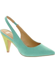 Santa Monica Heels - predominant colour: turquoise; occasions: evening; material: faux leather; heel height: mid; heel: cone; toe: pointed toe; style: slingbacks; finish: plain; pattern: plain