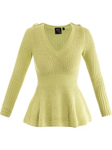 V Neck Peplum Sweater - neckline: v-neck; pattern: plain; shoulder detail: obvious epaulette; style: standard; predominant colour: lime; occasions: casual; length: standard; fibres: cotton - mix; fit: standard fit; waist detail: peplum detail at waist; sleeve length: long sleeve; sleeve style: standard; texture group: knits/crochet; pattern type: knitted - other