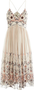 Printed Silk Strappy Dress - style: empire line; length: below the knee; neckline: low v-neck; sleeve style: spaghetti straps; fit: empire; back detail: low cut/open back; predominant colour: blush; secondary colour: coral; occasions: evening, occasion; fibres: silk - 100%; sleeve length: sleeveless; texture group: sheer fabrics/chiffon/organza etc.; pattern type: fabric; pattern size: small & light; pattern: patterned/print