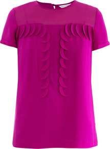 Raelynn Ballet Top - neckline: round neck; pattern: plain; bust detail: ruching/gathering/draping/layers/pintuck pleats at bust; predominant colour: hot pink; occasions: casual, evening, work; length: standard; style: top; fibres: silk - 100%; fit: straight cut; sleeve length: short sleeve; sleeve style: standard; texture group: silky - light; pattern type: fabric