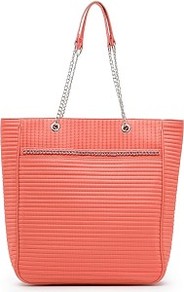 Touch Quilted Chain Shopper Bag - predominant colour: coral; occasions: casual, work, holiday; type of pattern: standard; style: tote; length: shoulder (tucks under arm); size: oversized; material: fabric; pattern: plain; finish: plain; embellishment: chain/metal