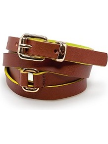 Touch Double Wrap Leather Belt - predominant colour: tan; occasions: casual, work; type of pattern: light; style: double length; size: skinny; worn on: waist; material: leather; pattern: plain, two-tone; trends: fluorescent; finish: plain; embellishment: buckles, chain/metal