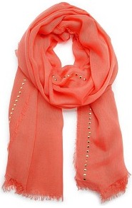 Touch Studded Foulard - predominant colour: coral; occasions: casual, work; type of pattern: light; style: regular; size: standard; material: fabric; embellishment: fringing, studs; pattern: plain