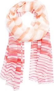 Striped Foulard - predominant colour: coral; occasions: casual, work; type of pattern: standard; style: regular; size: standard; material: fabric; embellishment: fringing; pattern: horizontal stripes; trends: striking stripes