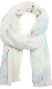 Watercolour Print Foulard - predominant colour: ivory; occasions: casual, work; type of pattern: light; style: regular; size: standard; material: fabric; embellishment: fringing; pattern: patterned/print