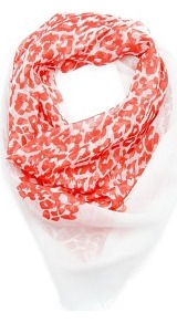Animal Print Foulard - predominant colour: coral; occasions: casual, work; type of pattern: standard; style: square; size: standard; material: fabric; embellishment: fringing; pattern: animal print