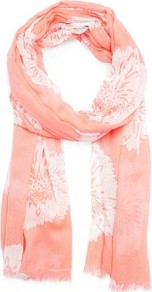 Floral Print Foulard - predominant colour: coral; occasions: casual, work; type of pattern: standard; style: regular; size: standard; material: fabric; embellishment: fringing; pattern: florals