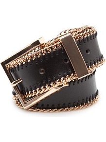 Touch Chain Trimmed Leather Belt - secondary colour: gold; predominant colour: black; occasions: casual, evening, work; type of pattern: small; style: classic; size: standard; worn on: waist; material: leather; pattern: plain; finish: plain; embellishment: chain/metal