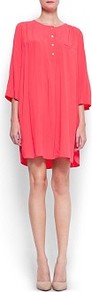 Shirt Dress - style: smock; length: mid thigh; neckline: round neck; sleeve style: angel/waterfall; fit: loose; pattern: plain; bust detail: buttons at bust (in middle at breastbone)/zip detail at bust; predominant colour: coral; occasions: casual, evening; fibres: viscose/rayon - 100%; hip detail: soft pleats at hip/draping at hip/flared at hip; sleeve length: 3/4 length; texture group: sheer fabrics/chiffon/organza etc.; pattern type: fabric