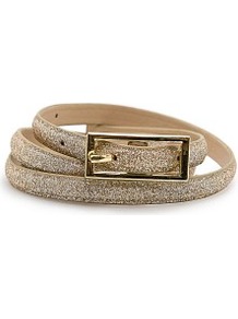 Slim Belt - secondary colour: gold; predominant colour: champagne; occasions: evening, occasion, holiday; type of pattern: standard; style: classic; size: skinny; worn on: waist; material: faux leather; embellishment: glitter; pattern: plain; trends: metallics; finish: plain