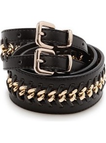 Chain Double Waist Belt - secondary colour: gold; predominant colour: black; occasions: casual, evening, work; type of pattern: light; style: classic; size: standard; worn on: hips; material: leather; pattern: plain; finish: plain; embellishment: chain/metal