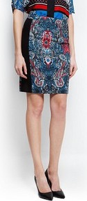Printed Panel Skirt - style: straight; waist: mid/regular rise; predominant colour: navy; secondary colour: black; occasions: casual, evening, work; length: just above the knee; fibres: cotton - stretch; texture group: cotton feel fabrics; trends: statement prints; fit: straight cut; pattern type: fabric; pattern size: big & busy; pattern: patterned/print