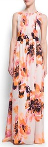 Floral Print Gown - sleeve style: sleeveless; style: maxi dress; bust detail: ruching/gathering/draping/layers/pintuck pleats at bust; secondary colour: ivory; predominant colour: bright orange; occasions: evening, occasion; length: floor length; fit: body skimming; fibres: polyester/polyamide - 100%; neckline: crew; sleeve length: sleeveless; texture group: sheer fabrics/chiffon/organza etc.; trends: high impact florals; pattern type: fabric; pattern size: big & busy; pattern: florals