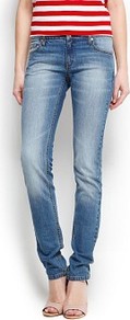 Super Slim Jeans - style: skinny leg; length: standard; pattern: plain; pocket detail: traditional 5 pocket; waist: mid/regular rise; predominant colour: denim; occasions: casual; fibres: cotton - stretch; jeans detail: shading down centre of thigh, washed/faded; texture group: denim; pattern type: fabric