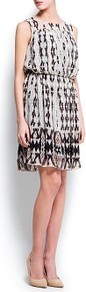 Pleated Printed Dress - neckline: round neck; fit: fitted at waist; sleeve style: sleeveless; style: blouson; predominant colour: nude; secondary colour: black; occasions: casual, evening, occasion; length: just above the knee; fibres: polyester/polyamide - 100%; sleeve length: sleeveless; texture group: sheer fabrics/chiffon/organza etc.; trends: statement prints; pattern type: fabric; pattern size: big & busy; pattern: patterned/print