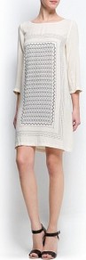 Geometric Print Dress - style: tunic; neckline: round neck; predominant colour: ivory; secondary colour: mid grey; occasions: casual, evening, occasion, holiday; length: just above the knee; fit: straight cut; fibres: viscose/rayon - 100%; sleeve length: 3/4 length; sleeve style: standard; texture group: silky - light; trends: modern geometrics; pattern type: fabric; pattern size: small & busy; pattern: patterned/print