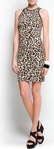 Animal Print Bodycon Dress - length: mid thigh; fit: tight; sleeve style: sleeveless; style: bodycon; back detail: racer back/sports back; predominant colour: camel; secondary colour: black; occasions: casual, evening; fibres: polyester/polyamide - stretch; neckline: crew; sleeve length: sleeveless; trends: statement prints; pattern type: fabric; pattern size: big & busy; pattern: animal print; texture group: other - stretchy
