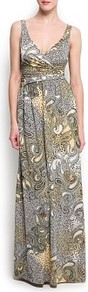Mixed Prints Gown - neckline: low v-neck; sleeve style: standard vest straps/shoulder straps; style: maxi dress; waist detail: fitted waist; pattern: paisley; predominant colour: mid grey; occasions: evening, occasion, holiday; length: floor length; fit: fitted at waist & bust; fibres: polyester/polyamide - stretch; hip detail: soft pleats at hip/draping at hip/flared at hip; sleeve length: sleeveless; pattern type: fabric; pattern size: big & busy; texture group: jersey - stretchy/drapey