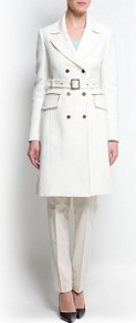 Military Style Coat - pattern: plain; style: double breasted; length: on the knee; hip detail: front pockets at hip; collar: standard lapel/rever collar; predominant colour: white; occasions: evening, work, occasion; fit: tailored/fitted; fibres: cotton - stretch; waist detail: belted waist/tie at waist/drawstring; sleeve length: long sleeve; sleeve style: standard; collar break: medium; pattern type: fabric; texture group: other - light to midweight