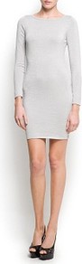 Metallic Sweater Dress - style: jumper dress; length: mid thigh; neckline: round neck; fit: tight; pattern: plain; back detail: low cut/open back; predominant colour: silver; occasions: casual, evening; sleeve length: long sleeve; sleeve style: standard; texture group: knits/crochet; trends: metallics; pattern type: knitted - other; fibres: viscose/rayon - mix